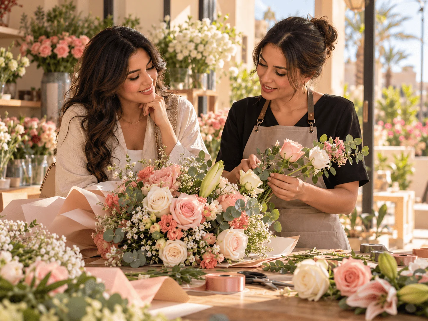 Cliente et fleuriste personnalisant un bouquet de fleurs à Agadir