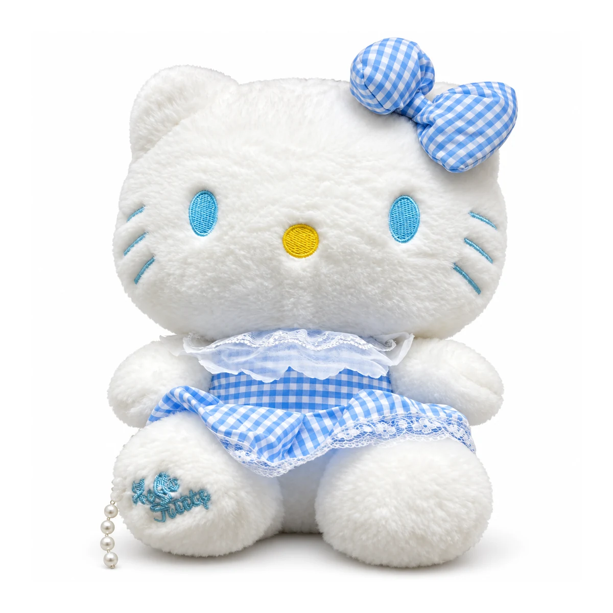 Peluche chat blanc en vichy bleu